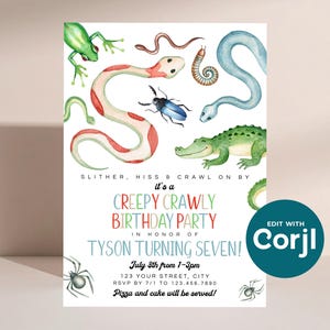 Reptile Birthday Party Invitation: Snakes, Spiders, Frog (Printable) Print or Text image 6
