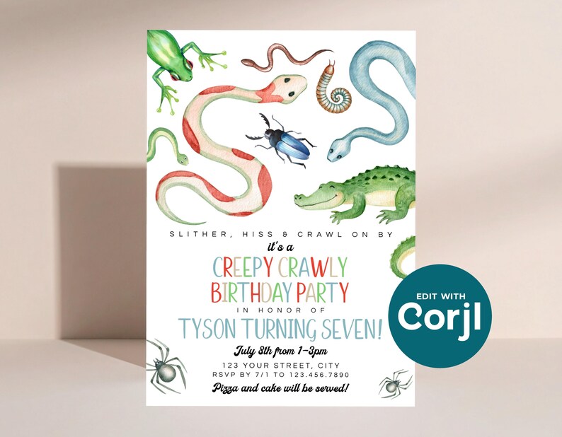 Reptile Birthday Party Invitation: Snakes, Spiders, Frog (Printable) Print or Text image 6