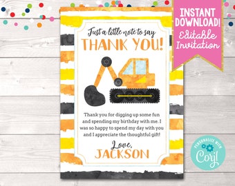 Instant Download Boys Construction Thank You Card, Dig Up Fun Thank You Card, Printable Digger Thank You Card, Editable Boys Thank You Card