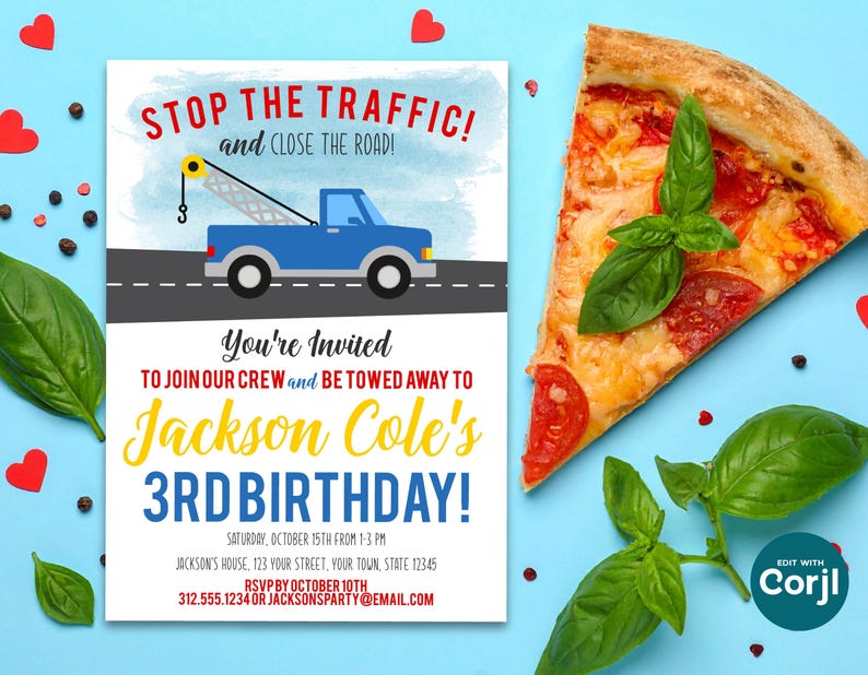 Tow Truck Birthday Invitation, Truck Theme Party Invite, Boys Birthday Invitation, Tow Truck Party, Printable Kids Birthday image 8
