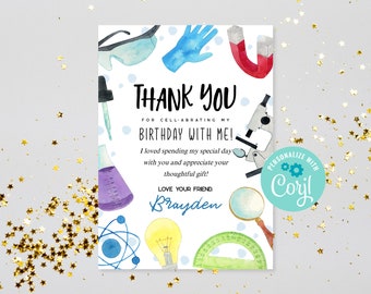 Editable Science Thank You Card, Printable Boys Science Birthday Party Thank You Card, Instant Download Kids Lab Experiment Thank You Card