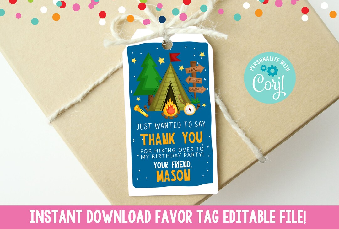 Editable Camping Birthday Party Favor Tag, Printable Boys Camping ...