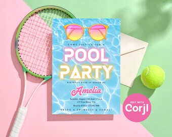 Convite de aniversário para festa na piscina para meninas: Editável e Imprimível (Download Instantâneo) Imprima ou envie por mensagem