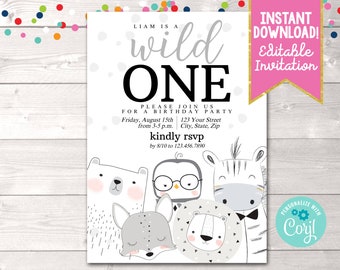 Editable Gender Neutral Wild One First Birthday Party Invitation, Instant Download Wild One Animals 1st Birthday Party Invite Printable PDF