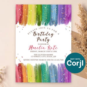 Rainbow Glitter Birthday Invitation, Colorful Girls Birthday Party Invite, Sparkle Rainbow Kids Birthday, Printable Party Invite image 13