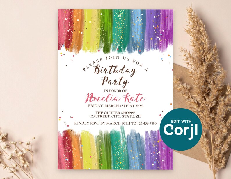 Rainbow Glitter Birthday Invitation, Colorful Girls Birthday Party Invite, Sparkle Rainbow Kids Birthday, Printable Party Invite image 13