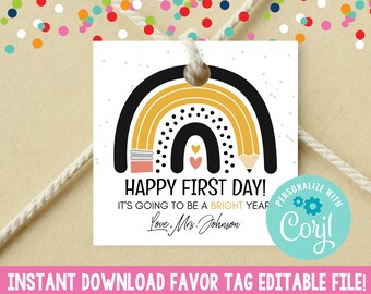 Instant Download First Day of School Favor Tag, Editable Teachers Students Back to School Gift Tag, Printable School Rainbow Pencil Gift Tag