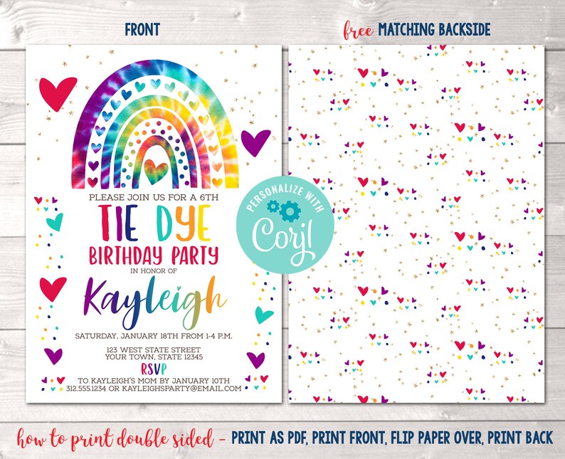Printable Tie Dye Birthday Party Invitation Editable Rainbow - Etsy