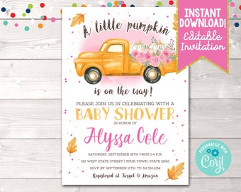 Instant Download Girls Fall Baby Shower Invitation, Editable Pink Fall Pumpkin Truck Baby Shower Invite, Printable Girls Baby Shower Invite