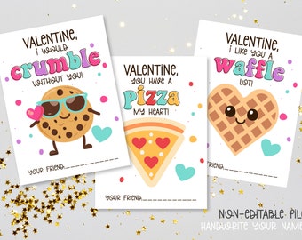 Printable Kids Valentines Day Cards, Cute Foods Valentines Tags for Kids or Teachers Classrooms INSTANT DOWNLOAD PDF, Waffle, Cookie & Pizza