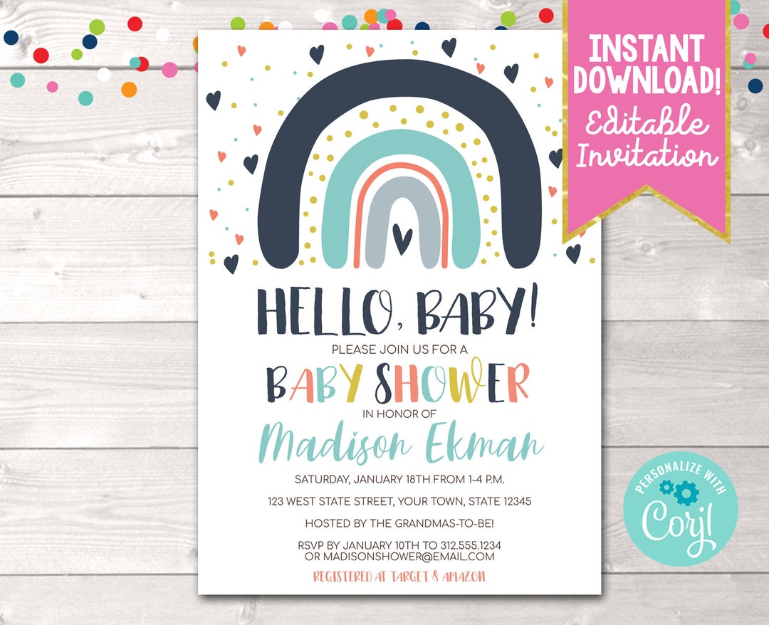 Rainbow Baby Shower Invitation, Editable Sweetheart Baby Shower Invite ...