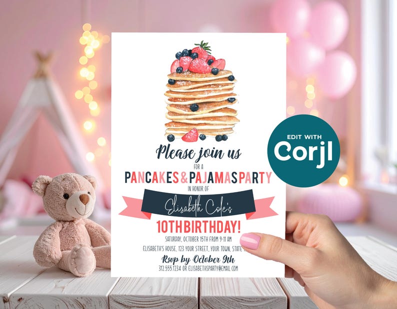 Pancakes & Pajamas Birthday Invitation | Pajama Party Invite | Editable Corjl Template image 10