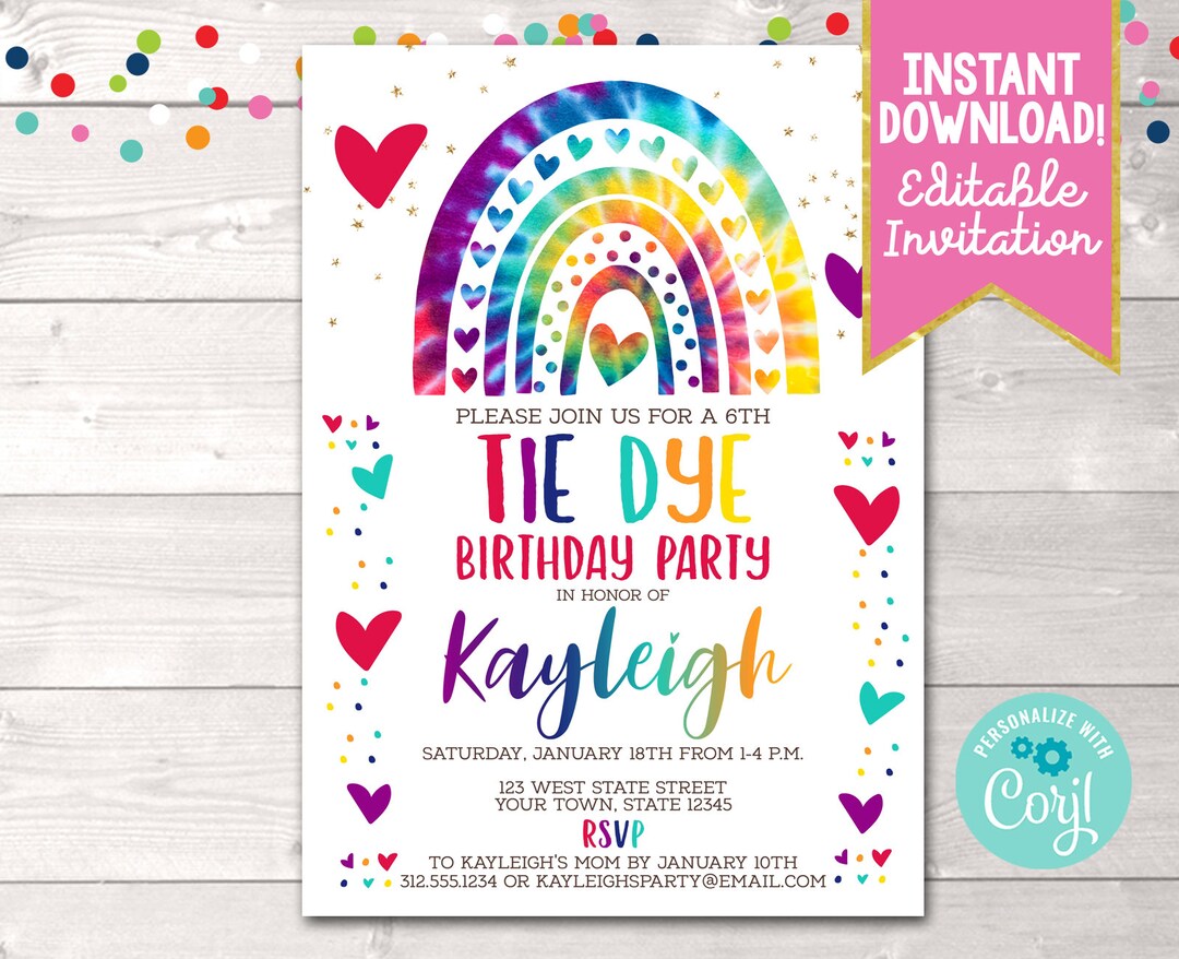 Printable Tie Dye Birthday Party Invitation, Editable Rainbow &amp; Hearts Tie Dye Birthday Party ...