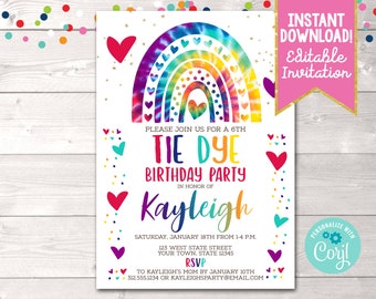 Printable Tie Dye Birthday Party Invitation, Editable Rainbow & Hearts Tie Dye Birthday Party Invite, Instant Download Girls Tie Dye Invite