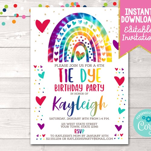 Printable Tie Dye Birthday Party Invitation Editable Rainbow - Etsy