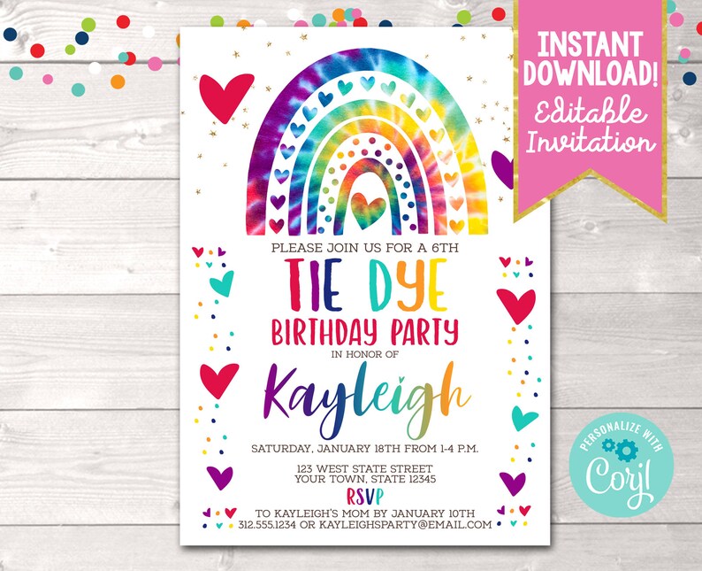 Printable Tie Dye Birthday Party Invitation Editable Rainbow - Etsy
