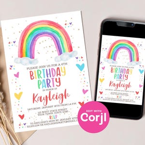 Uitnodiging voor verjaardagsfeestje aquarel regenboog: bewerkbare afdrukbare (digitale download) print of tekst afbeelding 1