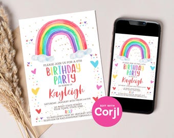 Watercolor Rainbow Birthday Party Invitation: Editable Printable (Digital Download) Print or Text