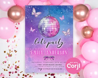 Invitación de cumpleaños editable con mariposas disco: Ombré para preadolescentes y adolescentes (vía Corjl.com) Imprimir o enviar por mensaje de texto