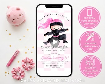 Invitación en vídeo editable de Ninja Rosa para Niñas / Invitación en vídeo editable de Canva / Animación de invitación digital para fiesta de cumpleaños infantil