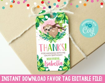 Girls Editable Sloth Birthday Party Favor Tag, Instant Download Kids Sloth Party Favor Tag, Printable Sloth Pink Party Favor Gift Bag Tag