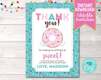 Editable Donut Party Thank You Card, Printable Donut Thank You Card, Instant Download Kids Printable Donut Party Thank You Card Digital File