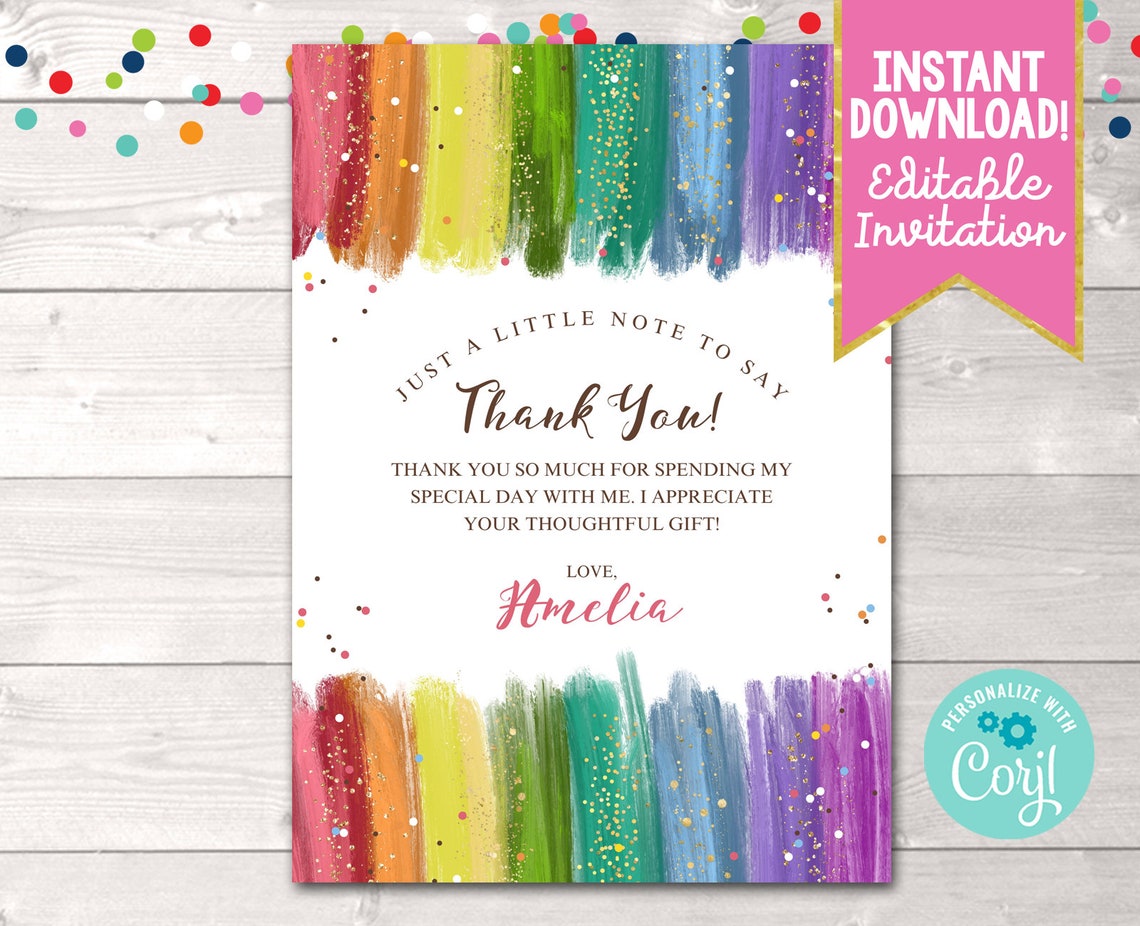 Printable Rainbow Thank You Card Editable Art Party Thank You - Etsy