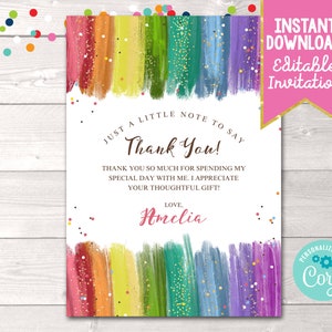 Printable Rainbow Thank You Card, Editable Art Party Thank You Card ...