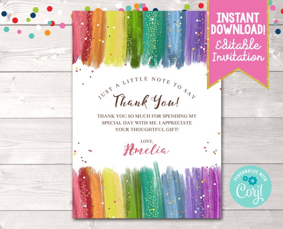 Printable Rainbow Thank You Card Editable Art Party Thank You - Etsy