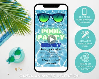 Invitación en vídeo editable para fiesta en la piscina de niños / Invitación en vídeo editable en Canva / Fiesta de cumpleaños infantil en la piscina / Animación de invitación digital