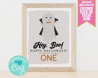 Editable Ghost Halloween Trick or Treat Sign, Printable Please Take One Candy Sign Instant Download Trick or Treating Halloween Template PDF