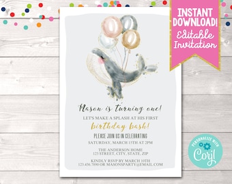 Printable Boy Whale Birthday Party Invite, Editable Gray Whale Boys Birthday Party Invitation Instant Download, Whale Birthday Invitation