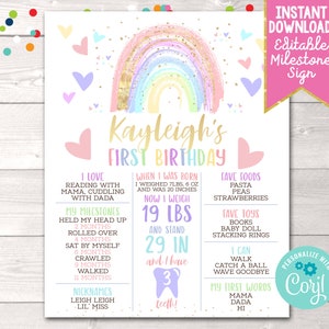 Editable Rainbow First Birthday Milestone Sign, Printable Birthday Milestone Sign Instant Download, Girls Rainbow Milestone Birthday Sign image 1