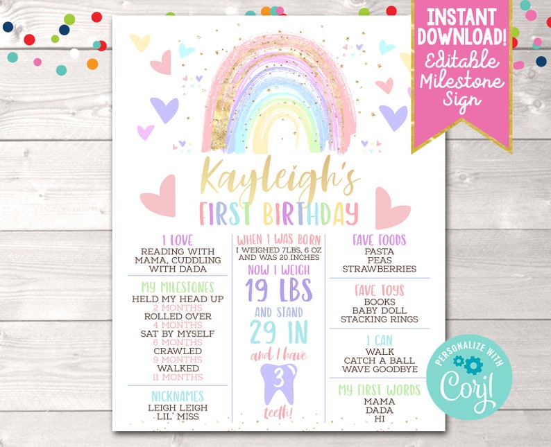 Editable Rainbow First Birthday Milestone Sign, Printable Birthday Milestone Sign Instant Download, Girls Rainbow Milestone Birthday Sign image 1