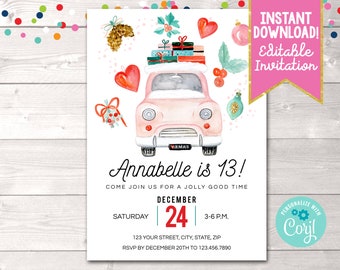 Printable Christmas Car Birthday Party Invitation, Editable Christmas Birthday Holiday Party Invite Instant Download PDF Girls Teen Invite