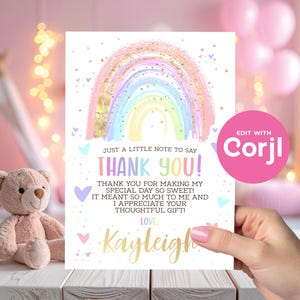 Rainbow Thank You Card: Editable Birthday, Baby Shower (Instant Download) image 8