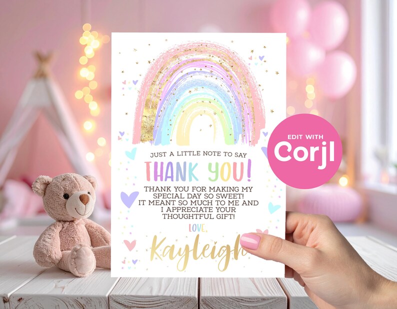 Rainbow Thank You Card: Editable Birthday, Baby Shower (Instant Download) image 8