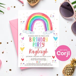 Uitnodiging voor verjaardagsfeestje aquarel regenboog: bewerkbare afdrukbare (digitale download) print of tekst afbeelding 8