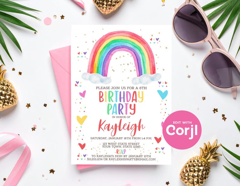 Uitnodiging voor verjaardagsfeestje aquarel regenboog: bewerkbare afdrukbare (digitale download) print of tekst afbeelding 8