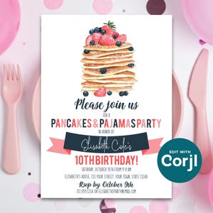 Pancakes & Pajamas Birthday Invitation | Pajama Party Invite | Editable Corjl Template image 1