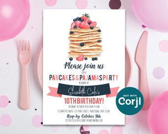 Pancakes & Pajamas Birthday Invitation: Editable Party Invite (Digital Download) Print or Text