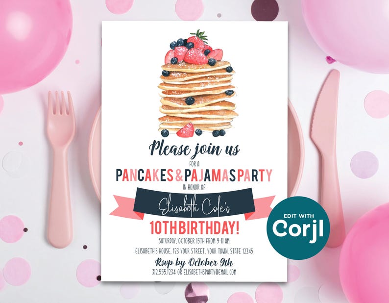 Pancakes & Pajamas Birthday Invitation | Pajama Party Invite | Editable Corjl Template image 1
