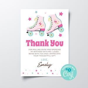Printable Girls Roller Skating Party Thank You Card, Editable Girls Stationery, Instant Download Retro Roller Skates Birthday Thank You Card