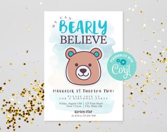 Printable Cute Bear Birthday Party Invite, Instant Download Boys Bearly Believe Birthday Invitation, Editable First 1st Birthday Invitation