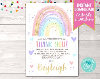 Instant Download Rainbow Thank You Card, Editable Girls Birthday Party Thank You Card, Printable Rainbow Baby Shower Thank You Card Corjl