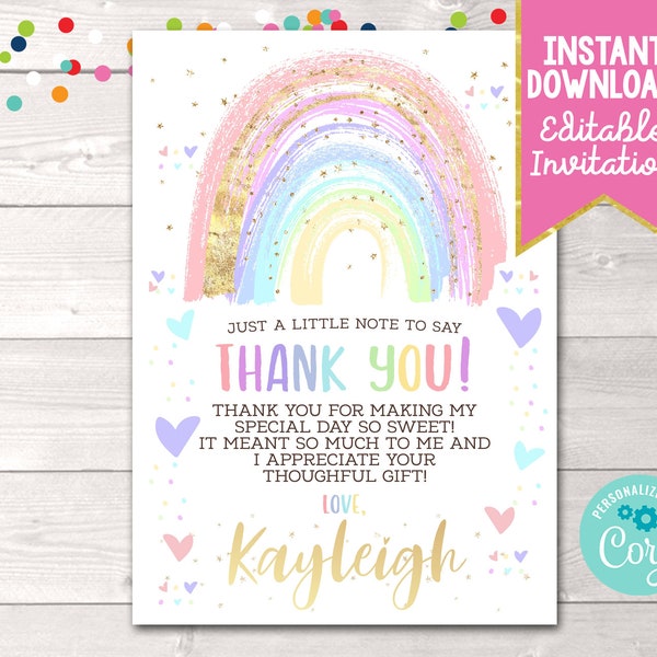 Instant Download Rainbow Thank You Card, Editable Girls Birthday Party Thank You Card, Printable Rainbow Baby Shower Thank You Card Corjl