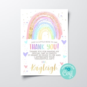 Sofortiger Download Regenbogen Dankeskarte, bearbeitbare Mädchen-Geburtstagsfeier-Dankeskarte, druckbare Regenbogen-Babyparty-Dankeschön-Karte Corjl