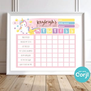 Editable Unicorn Responsibility Chart: Girls Chore Chart (PDF)