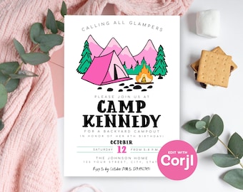 Girls Glamping Birthday Invitation: Pink Camping Party (Editable, Digital Download) Print or Text