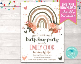 Instant Download Boho Rainbow Birthday Party Invitation, Editable Girls Boho Birthday Party Invite, Printable Rainbow Birthday Party Invite